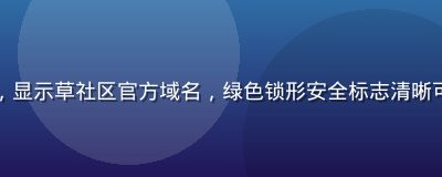 浏览器地址栏特写，显示草社区官方域名，绿色锁形安全标志清晰可见，背景蓝白色调